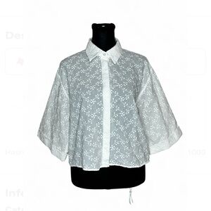 ZARA White Floral Embroidered Button Down Blouse M, 3/4 Sleeves Collared Neck